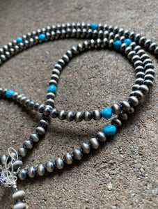 60” Sterling Silver Sleeping Beauty Turquoise 5mm Navajo Pearls Bead Necklace