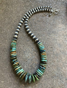 Sterling Silver Graduated Green Turquoise W Bead Necklace. 18 inch