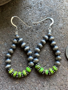 Sterling Silver Green Turquoise W Pearls Bead Loop Earrings.