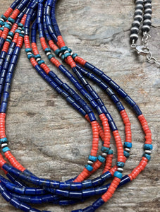 Sterling Silver Multi Strand Multi Stone Lapis Bead Necklace. 30 inch