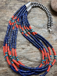 Sterling Silver Multi Strand Multi Stone Lapis Bead Necklace. 30 inch