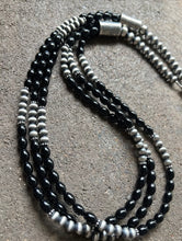 Load image into Gallery viewer, Sterling Silver Multi Strand Black Onyx W Pearls Bead Necklace. 26 Inch