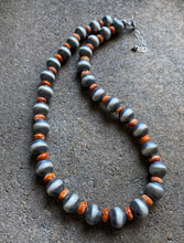 Load image into Gallery viewer, Sterling Silver Spiny Oyster W 12mm Navajo Pearls Bead Necklace. 18 Inch