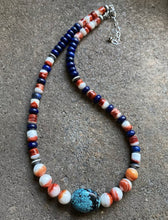 Load image into Gallery viewer, Sterling Silver Multi Stone Spiny Oyster Lapis Turquoise Bead Necklace 18 inch