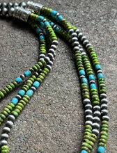 Load image into Gallery viewer, Sterling Silver Multi Strand Blue Green Turquoise Bead Necklace. 24 inch