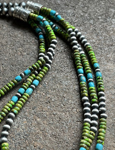 Sterling Silver Multi Strand Blue Green Turquoise Bead Necklace. 24 inch