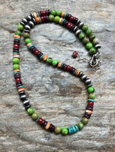 Load image into Gallery viewer, Sterling Silver Green Turquoise Spiny Multi Stone Bead Necklace. 18 Inch
