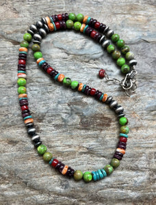 Sterling Silver Green Turquoise Spiny Multi Stone Bead Necklace. 18 Inch
