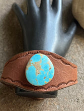 Load image into Gallery viewer, Navajo Sterling Silver Turquoise Leather Band Bracelet. OC