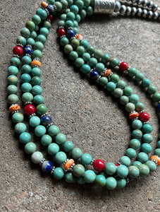 Sterling Silver Green Turquoise Multi Strand Multi Stone Bead Necklace. 24 inch