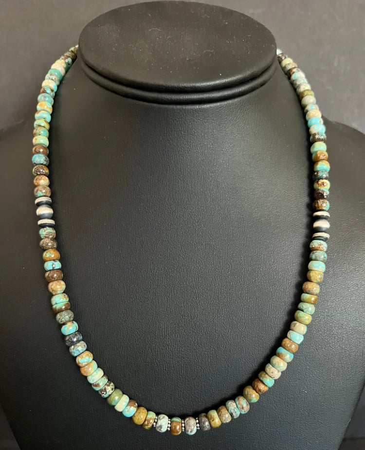Sterling Silver Blue Green Turquoise Bead Necklace. 18 inch