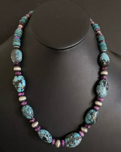 Sterling Silver Dyed Sugilite Turquoise W Navajo Pearls Bead Necklace. 22 inch