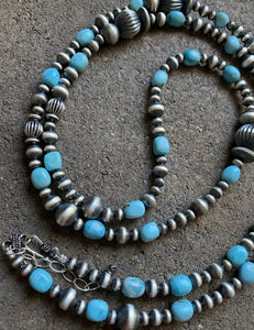 Sterling Silver Turquoise W Navajo Pearls Bead Necklace 44 Inch