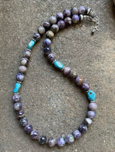 Load image into Gallery viewer, Sterling Silver Charoite Blue Turquoise Bead Necklace. 19 Inch