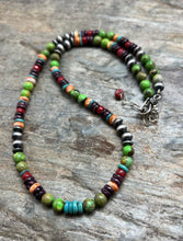 Load image into Gallery viewer, Sterling Silver Green Turquoise Spiny Multi Stone Bead Necklace. 18 Inch