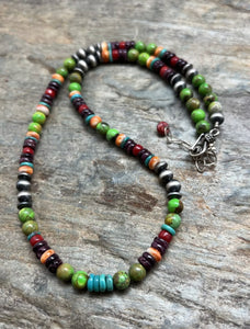 Sterling Silver Green Turquoise Spiny Multi Stone Bead Necklace. 18 Inch