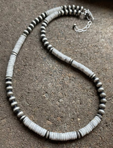 Sterling Silver White Buffalo Turquoise W Navajo Pearls Bead Necklace. 18 inch