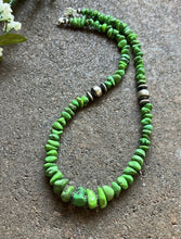 Load image into Gallery viewer, Sterling Silver Graduated Green Turquoise Bead Necklace. 18 inch