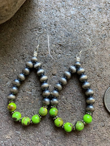 Sterling Silver Green Turquoise W Pearls Bead Loop Earrings.