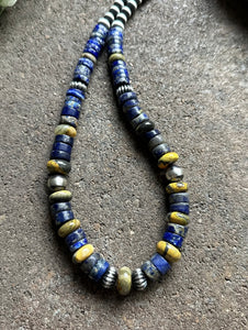 Sterling Silver Graduated Lapis Bumblebee Jasper Bead Necklace 18 inch