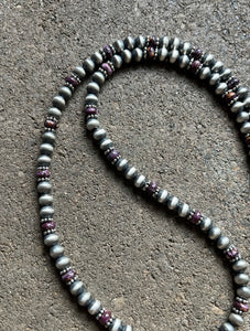 Sterling Silver Purple Spiny Oyster W 6mm Pearls Bead Necklace. 24 inch