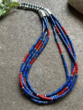 Load image into Gallery viewer, Sterling Silver Multi Strand Lapis Coral Pearls Bead Necklace. 24 inch